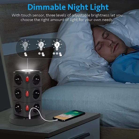 12'li Akım Korumalı Kule Priz Kablosuz Şarj İstasyonu 1-USB 2-TYPE-C - Resim 3