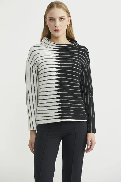 Dik Yaka Kontrast Triko Kazak - Kemik ürün görseli