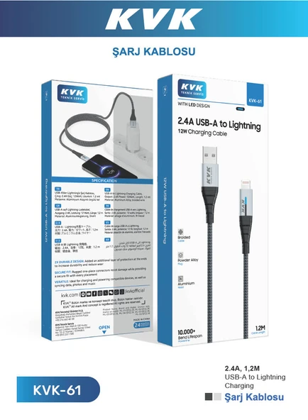 KVK 2.4A USB-A TO LIGHTINING 12W 1.2M KABLO ( APPLE -İPHONE ) ürün görseli 1
