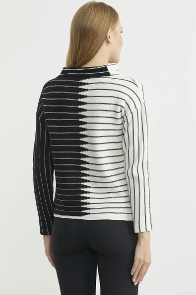 Dik Yaka Kontrast Triko Kazak - Kemik - Resim 6