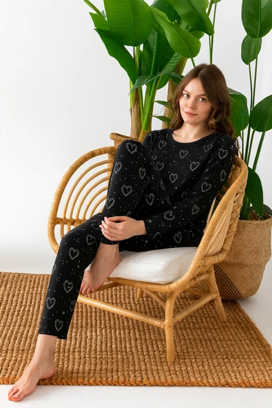 Nisanca Mevsimlik Uzun Kollu Süet Kadın Pijama Takımı- Bisiklet Yaka Kadın Pijama - Resim 6