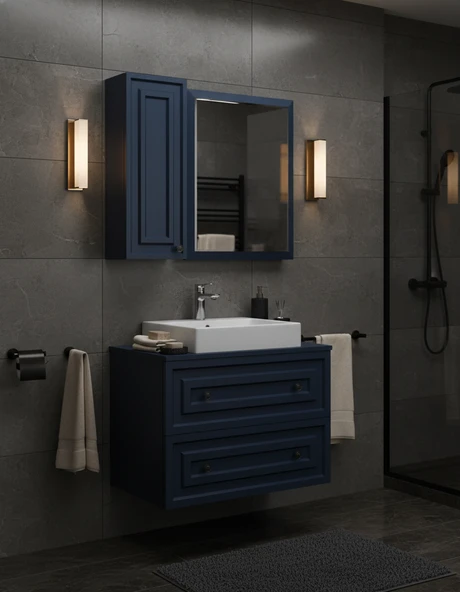 Perge 80 Cm Lavabo Dolabı Mat Safir Blue Led Ayna ve Ayna Yan Dolap Seti - Resim 4