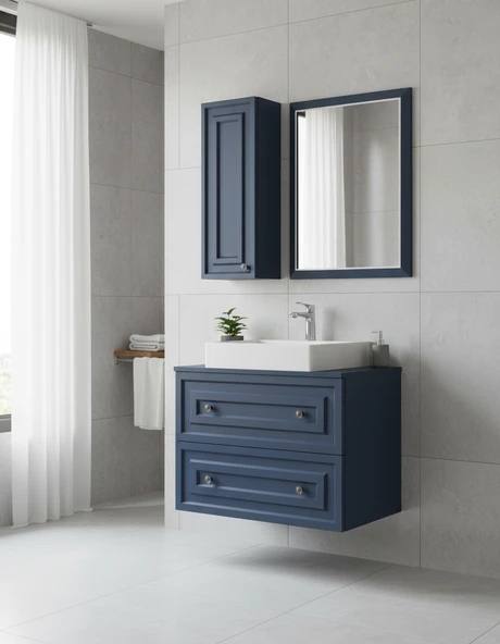 Perge 80 Cm Lavabo Dolabı Mat Safir Blue Led Ayna ve Ayna Yan Dolap Seti - Resim 2