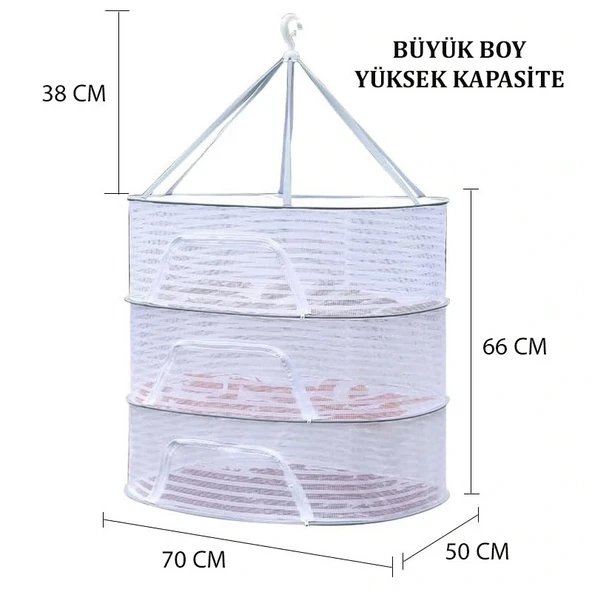 Üç Raflı Bölmeli Açık Havada Güneşte Bitki Meyve Sebze Balık Kurutma Filesi Askısı Aparatı Aleti - Resim 2