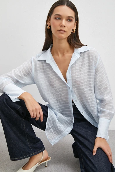 Kabartma Çizgili Gömlek Mavi ürün görseli