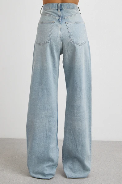 Yüksek Bel Kesik Paça Straight Jean Buz Mavisi - Resim 5