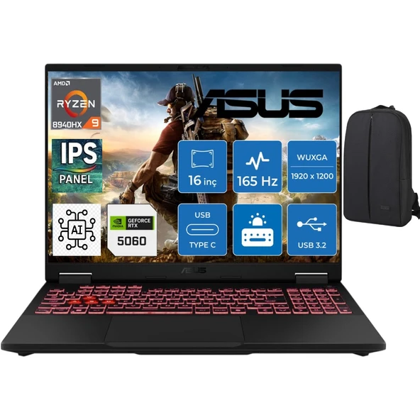 Tuf Gaming A16 FA608PM Amd Ryzen 9 8940HX RTX5060 (8gb) 115W 165HZ 48GB Ram Ddr5 1tb SSD 16''wuxga IPS Panel WINDOWS11 RV009W & Cimete Çanta ürün görseli 1
