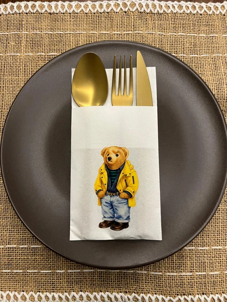 Sarı Ceketli Sevimli Ayı Baskılı Yılbaşı Kanguru Cepli Peçete Beyaz12 Adet ürün görseli