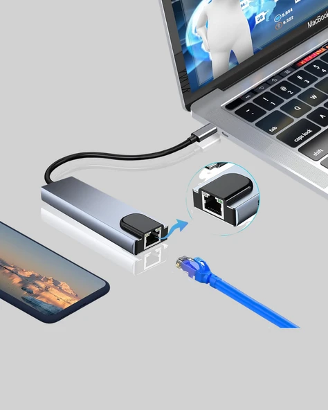 Alüminyum Kasalı MacBook USBC Hub – 4K HDMI, USB 3.0, SD/TF Kart Girişi, PD Şarj Desteği - Resim 3