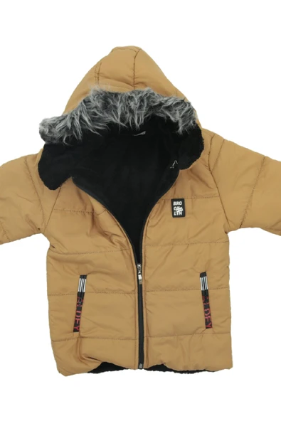 Kız Çocuk İçi Peluşlu-Kürk Kapüşonlu-Fermuarlı Mont 12428 - Resim 3