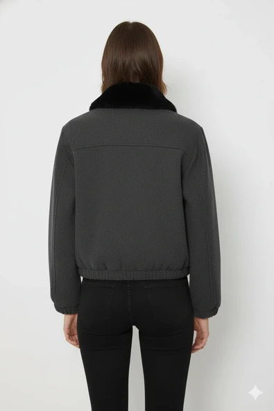 Cemo Kuzu Kürk Yakalı Düğmeli Kısa Suni Deri Ceket - Resim 11