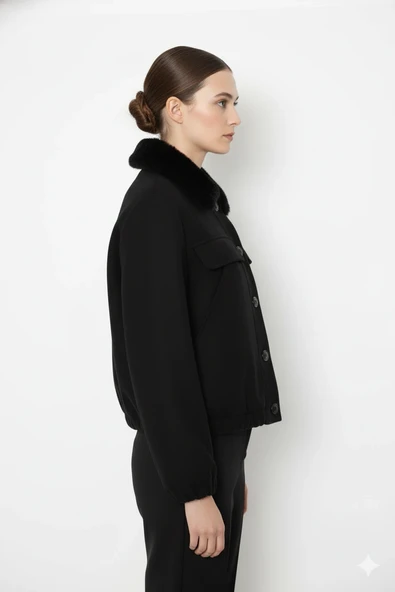 Cemo Kuzu Kürk Yakalı Düğmeli Kısa Suni Deri Ceket - Resim 3