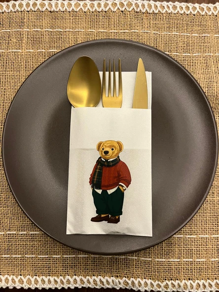 Kırmızı Gömlekli Sevimli Ayı Baskılı Yılbaşı Kanguru Cepli Peçete Beyaz12 Adet ürün görseli