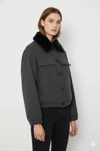 Cemo Kuzu Kürk Yakalı Düğmeli Kısa Suni Deri Ceket - Resim 7