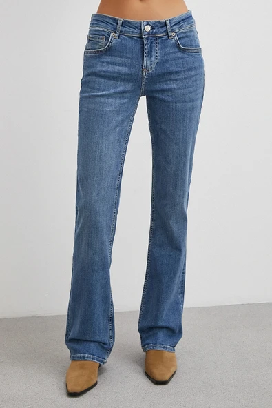 Orta  Bel Likralı İspanyol Paça Jean Mavi - Resim 5