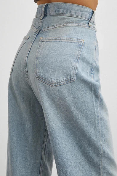 Yüksek Bel Kesik Paça Straight Jean Buz Mavisi - Resim 6