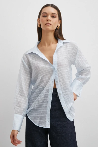 Kabartma Çizgili Gömlek Mavi - Resim 4