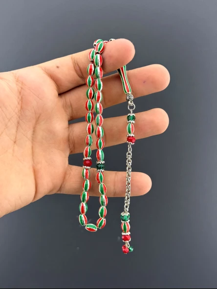 YEŞİL KIRMIZI PİRİNÇ TESBİH BEYZİ KESİM 5,5X8mm - Resim 2