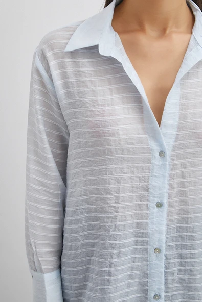 Kabartma Çizgili Gömlek Mavi - Resim 5