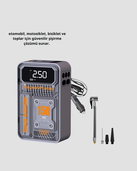 Taşınabilir Kablosuz Hava Pompası – 150 PSI Güçlü Basınç ve 6000mAh Şarjlı - Resim 3
