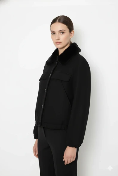 Cemo Kuzu Kürk Yakalı Düğmeli Kısa Suni Deri Ceket - Resim 2