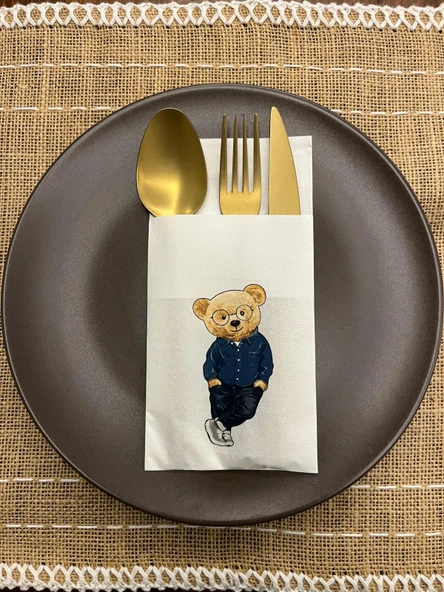 Mavi Gömlekli Sevimli Ayı Baskılı Yılbaşı Kanguru Cepli Peçete Beyaz12 Adet ürün görseli