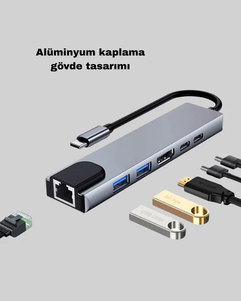 Alüminyum Kasalı MacBook USBC Hub – 4K HDMI, USB 3.0, SD/TF Kart Girişi, PD Şarj Desteği - Resim 2