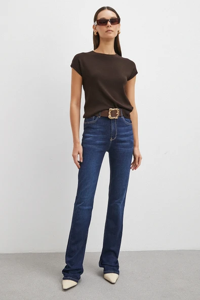 Yüksek Bel Likralı İspanyol Paça Jean Lacivert - Resim 2