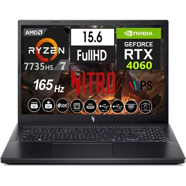 Nitro V15 Amd Ryzen 7 7735HS RTX4060 (8gb) 32GB Ddr5 Ram 512GB SSD 165HZ IPS Panel Freedos 15.6" Taşınabilir Bilgisayar ANV15-41 NH.QSFEY.007 ürün görseli 1