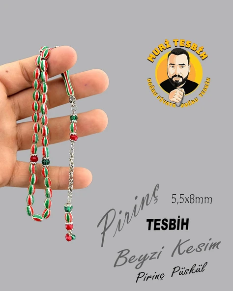 YEŞİL KIRMIZI PİRİNÇ TESBİH BEYZİ KESİM 5,5X8mm ürün görseli