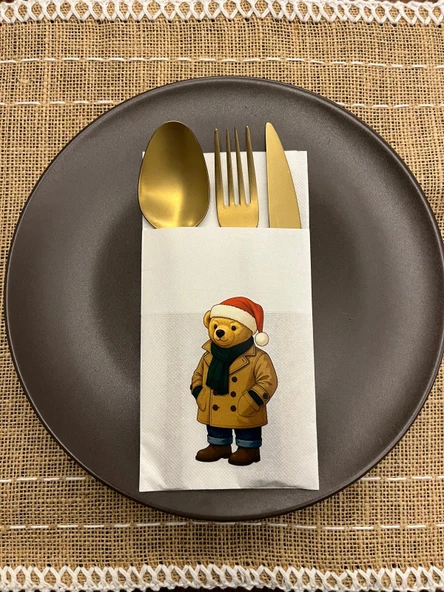 Kırmızı Şapkalı Sevimli Ayı Baskılı Yılbaşı Kanguru Cepli Peçete Beyaz12 Adet ürün görseli