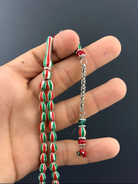 YEŞİL KIRMIZI PİRİNÇ TESBİH BEYZİ KESİM 5,5X8mm - Resim 3