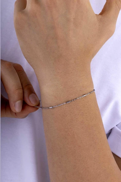 Gümüş Pazarım Silindir Geçişli Minimal Zincir Erkek Çelik Bileklik - Resim 2