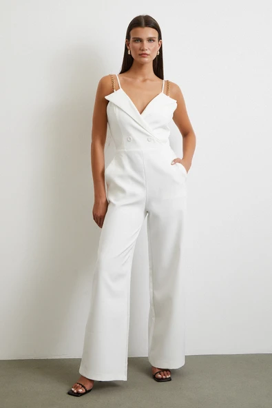 Zincir Detaylı Tulum Beyaz ürün görseli 1