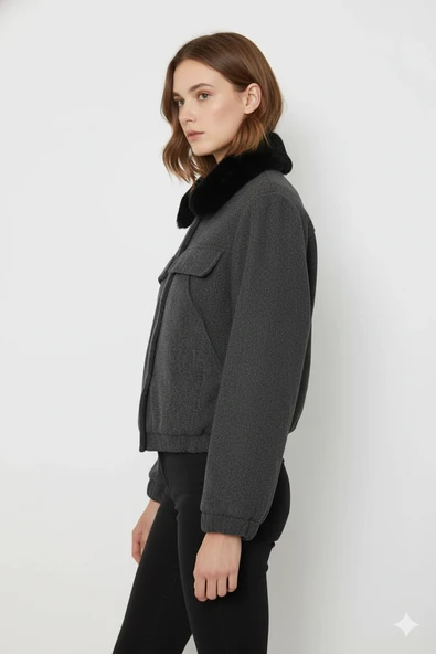 Cemo Kuzu Kürk Yakalı Düğmeli Kısa Suni Deri Ceket - Resim 9