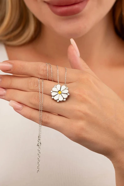 Gümüş Pazarım Açılır Kapanır Çift Kullanımlı Papatya Kadın Gümüş Kolye - Resim 3