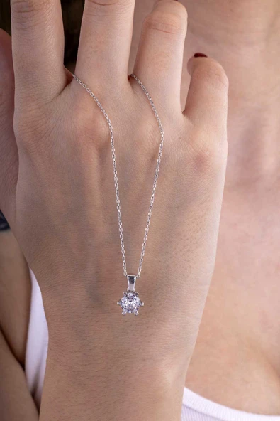 Gümüş Pazarım İYuvarlak Kesim 6 Tırnaklı Tektaş Gümüş Kadın Kolye - Resim 4