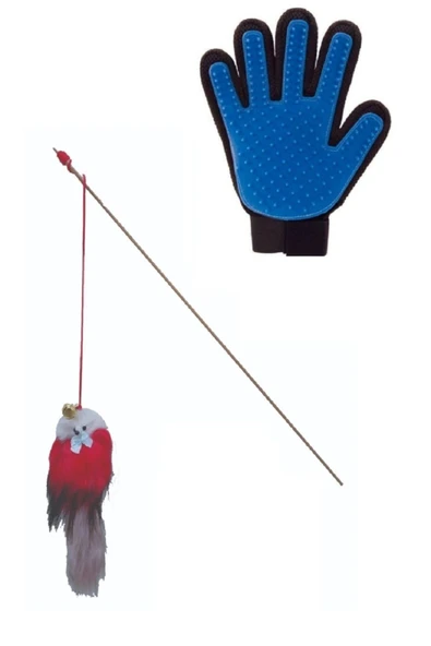 2li Set Ahşap Tüylü Çıngıraklı Kedi Oltası Tüy Toplama Eldiveni ürün görseli 1