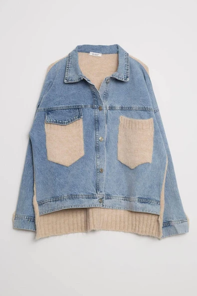 Cemo Triko Panel Detaylı Oversize Kot Ceket - Resim 6