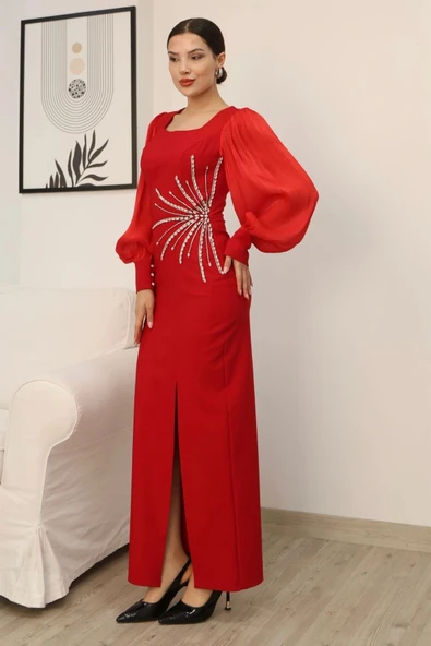 Taş Süslemeli Kare Yaka Balon Kol Yırtmaçlı Abiye Elbise 2345-Kırmızı - Resim 4