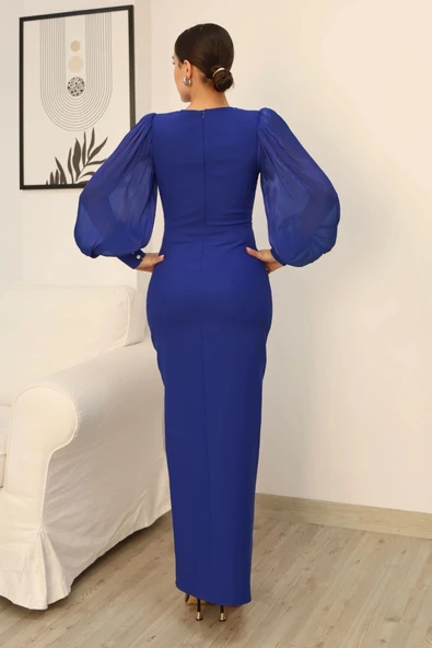 Taş Süslemeli Kare Yaka Balon Kol Yırtmaçlı Abiye Elbise 2345-Saks - Resim 6