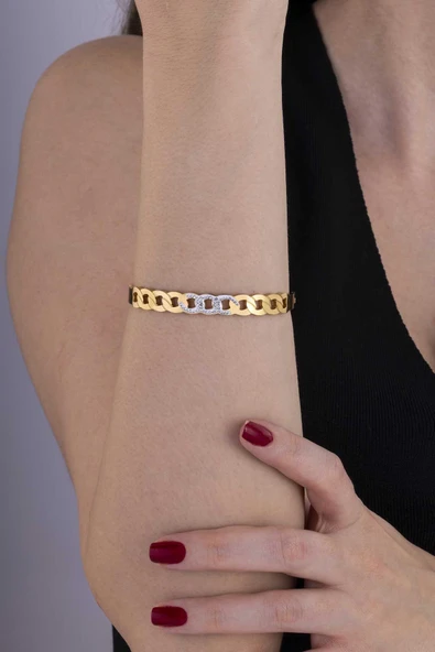 Göz İşlemeli Altın Kaplama Zincir Geçişli Taşlı Çelik Kadın Kelepçe Bileklik ürün görseli 1