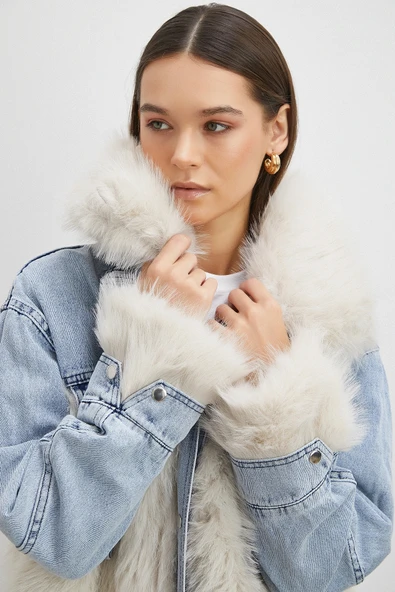 Kot Garnili Kürklü Mont Mavi ürün görseli 1