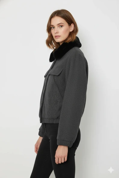 Cemo Kuzu Kürk Yakalı Düğmeli Kısa Suni Deri Ceket - Resim 8