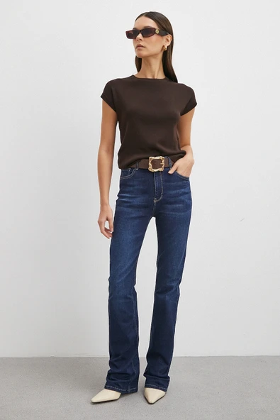 Yüksek Bel Likralı İspanyol Paça Jean Lacivert - Resim 4