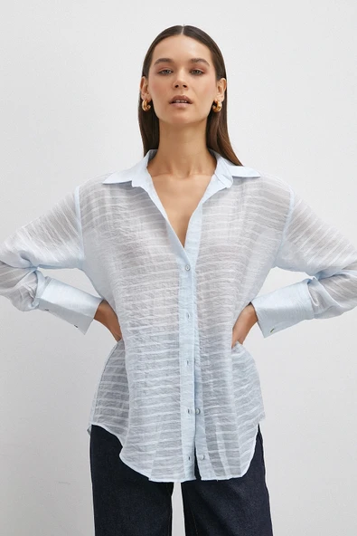 Kabartma Çizgili Gömlek Mavi - Resim 3