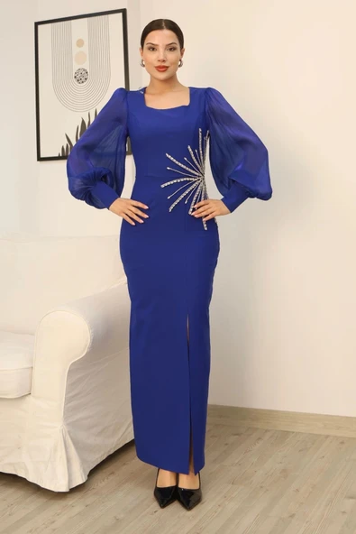 Taş Süslemeli Kare Yaka Balon Kol Yırtmaçlı Abiye Elbise 2345-Saks - Resim 2