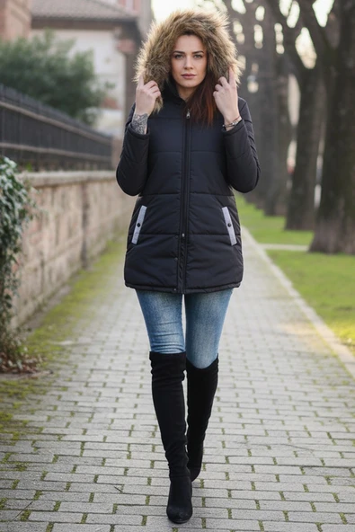 Kışlık Kapüşonu Suni Kürklü Şık Orta Boy Kadın Siyah Mont ürün görseli