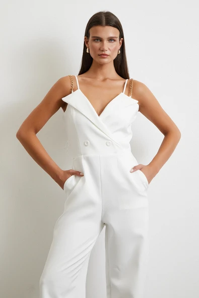 Zincir Detaylı Tulum Beyaz - Resim 4