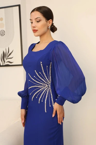 Taş Süslemeli Kare Yaka Balon Kol Yırtmaçlı Abiye Elbise 2345-Saks - Resim 5